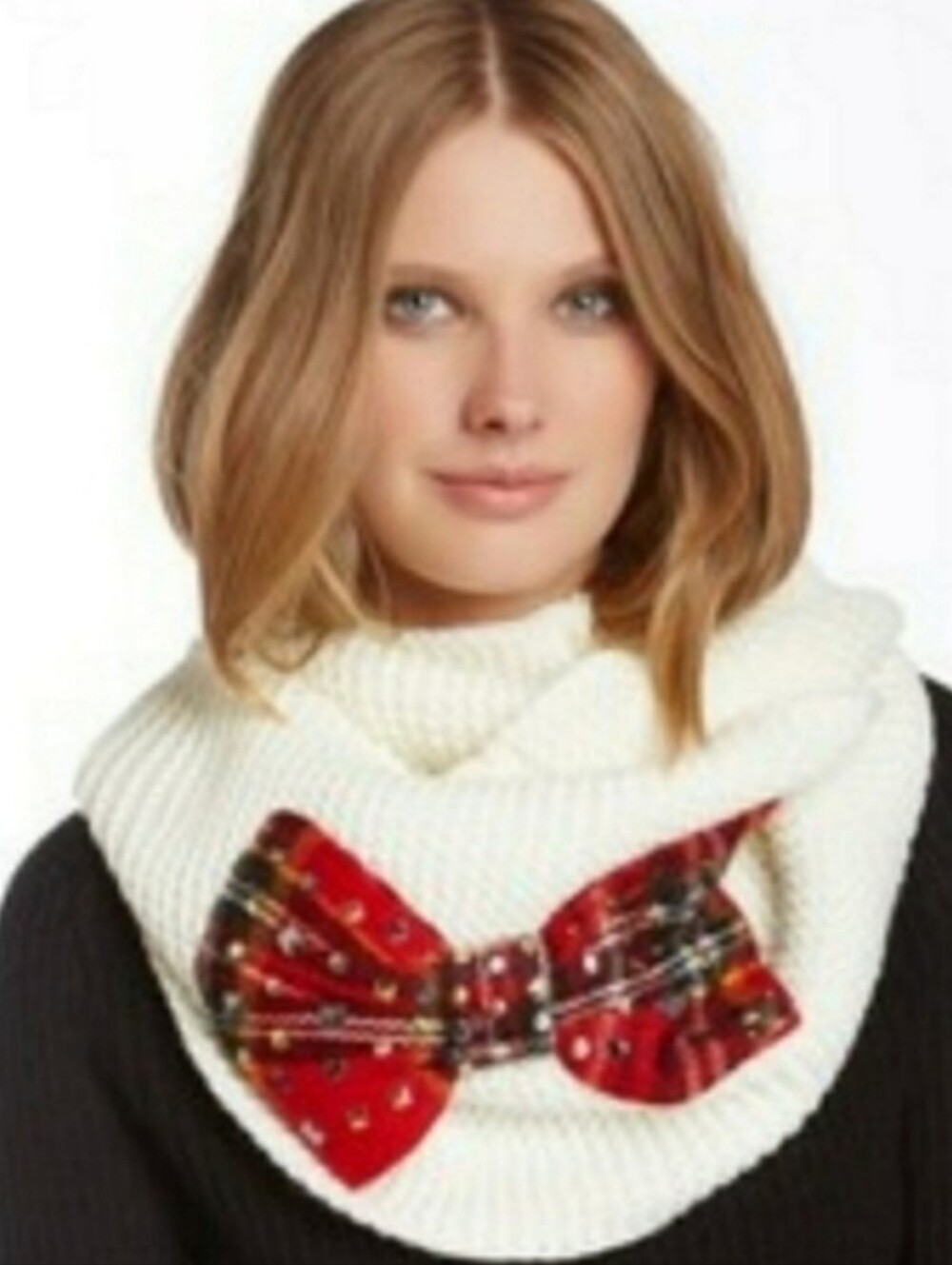 Bling Red Plaid Bow White Knit Infinity Scarf One Size